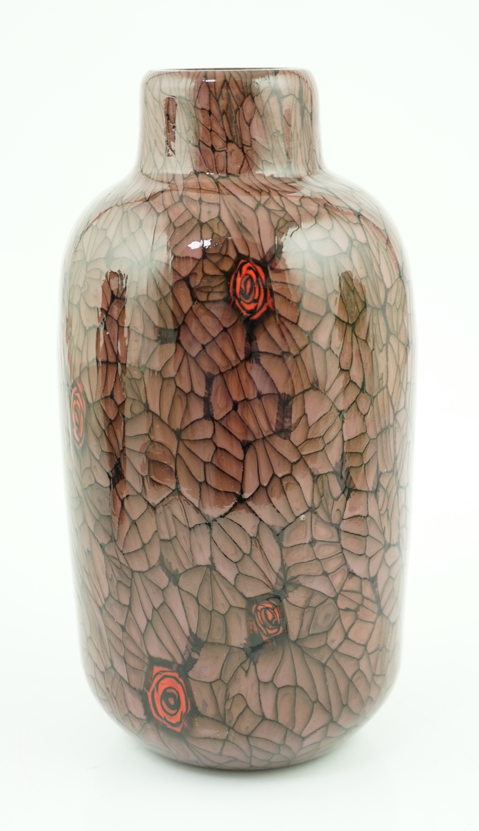 Vittorio Ferro (1932-2012) A Murano glass Murrine vase, the red brown ground with scattered red roses, unsigned, 27cm, Please note this lot attracts an additional import tax of 20% on the hammer price